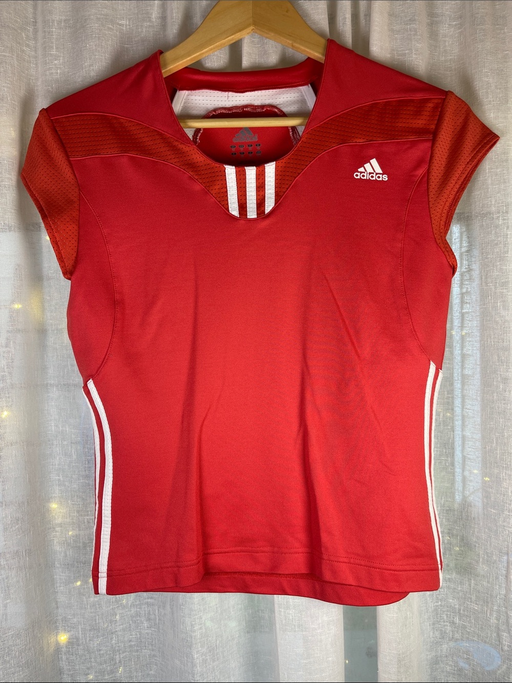 adidas Red Short-Sleeve Tennis Shell with White Stripes